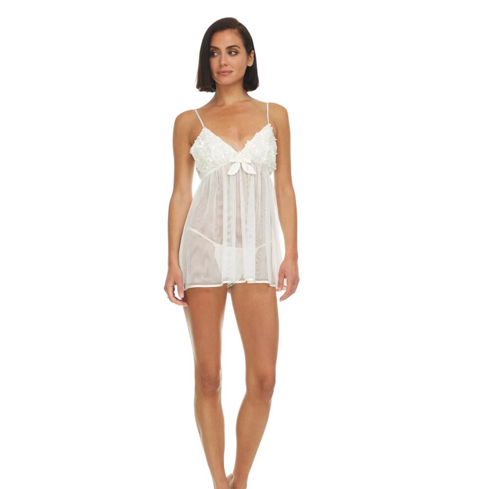 Flora by Flora Nikrooz White Floral Rosette Babydoll Chemise Lingerie Small